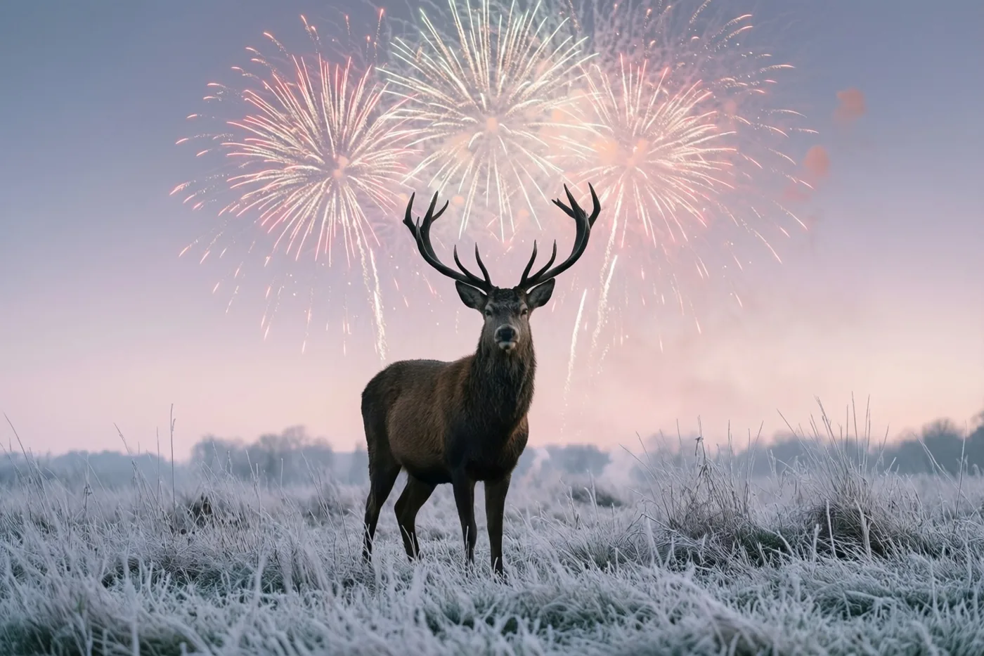Een hert met een groot gewei staat in een berijpt veld onder een roze en blauwe schemerhemel met kleurrijk vuurwerk.