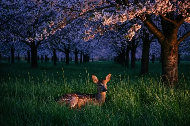 Een gevlekt hertenjong ligt in hoog groen gras onder bloeiende kersenbomen, in paars en roze schemerlicht.