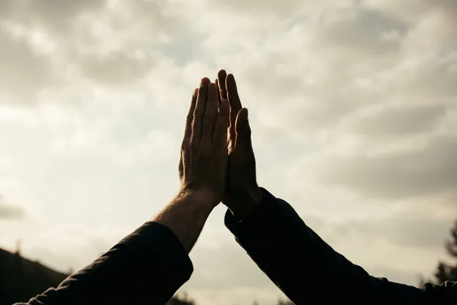 Twee handen geven elkaar een high five tegen een bewolkte hemel, in gedempte grijze, beige en zwarte tinten.