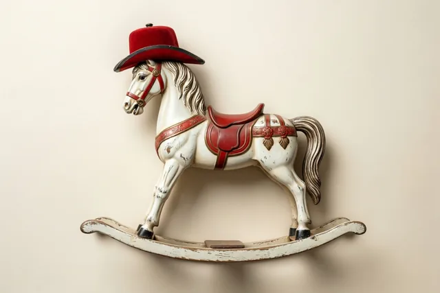 Een oud wit houten hobbelpaard met een rood zadel en een rode mijter is aan een effen beige muur bevestigd.