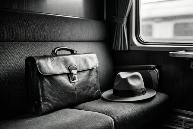 Een zwart-witfoto toont een leren aktetas en een fedora op een treinbank met structuur, in een oude coupé met een raam en gordijnen.