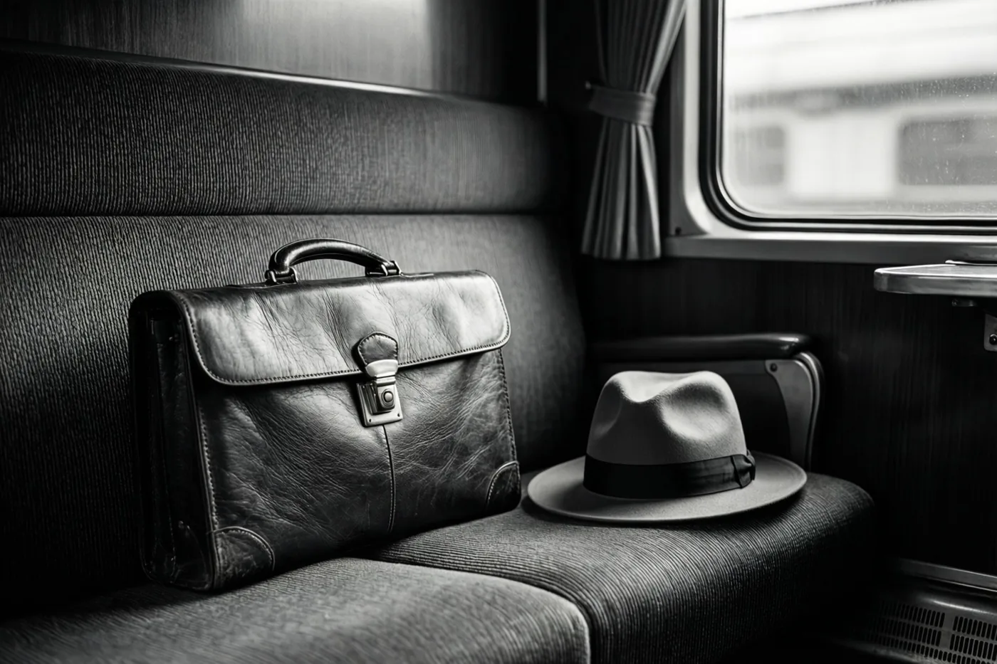 Een zwart-witfoto toont een leren aktetas en een fedora op een treinbank met structuur, in een oude coupé met een raam en gordijnen.