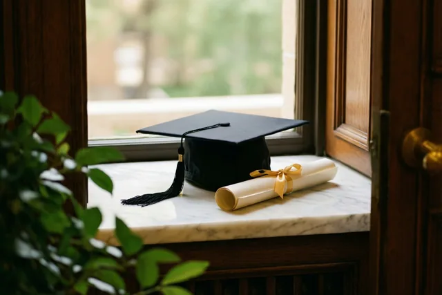 Een zwarte afstudeerhoed en een opgerold diploma met een gouden lint liggen op een gepolijste witmarmeren vensterbank bij warme houten raamkozijnen, met groen op de voorgrond.