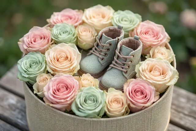 Een ronde hoedendoos met pastelrozen en kleine babyschoentjes staat buiten op een houten ondergrond, tegen een onscherpe groene achtergrond.