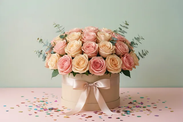 Een ronde beige hoedendoos met roze en perzikkleurige rozen, eucalyptustakjes en een satijnen lint staat op een roze ondergrond met kleurrijke confetti voor een lichtgroene muur.