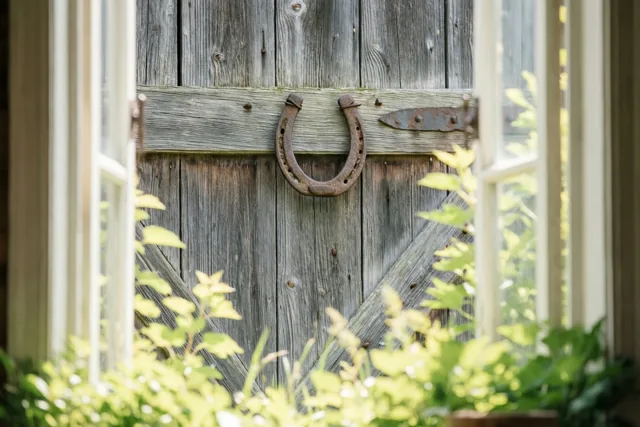 Door een open raamkozijn is een verweerde houten schuurdeur met een roestig hoefijzer te zien, met groene bladeren op de voorgrond.
