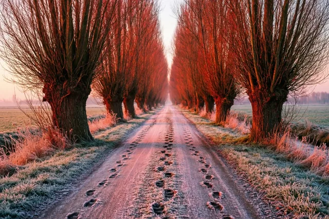 Hoefafdrukken zijn zichtbaar in de rijp op een polderweg met knotwilgen, verlicht door de rode en oranje gloed van de opkomende zon.