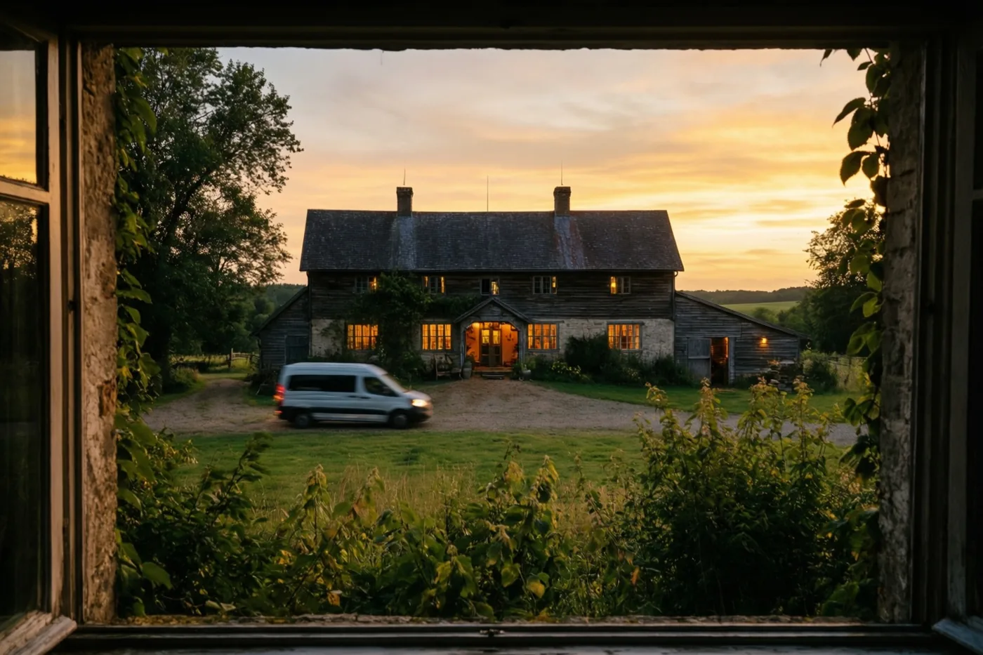 Door een verweerd raamkozijn is een hoeve met verlichte ramen onder een gouden avondlucht te zien, met een rijdende zilverkleurige verhuiswagen op de grindoprit en groen eromheen.
