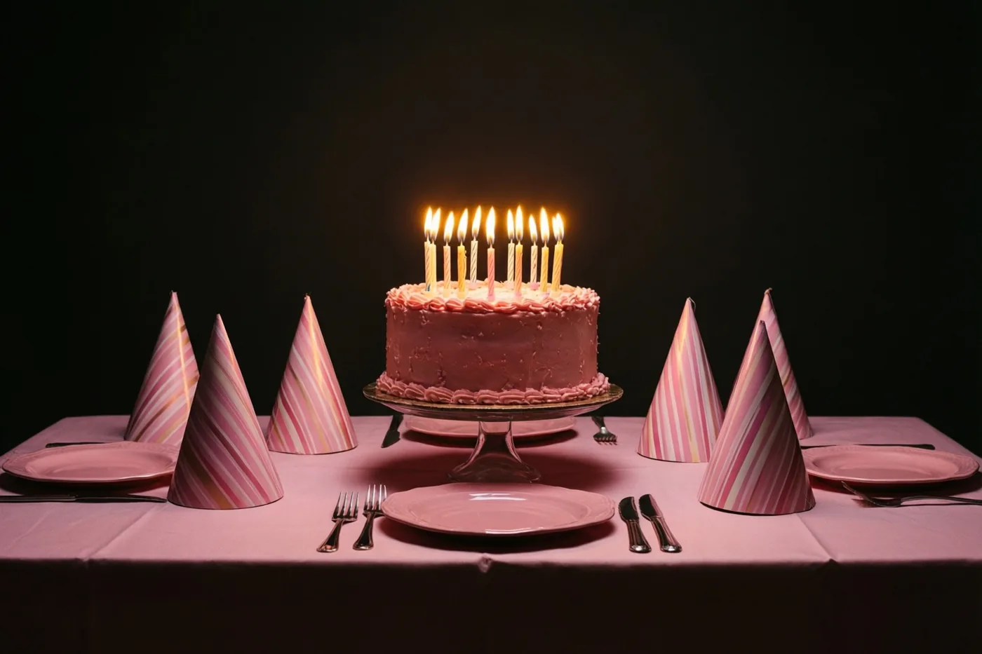 Een hoge taart met zachtroze glazuur en brandende kaarsjes staat op een taartstandaard op een feesttafel met roze borden, bestek en gestreepte papieren feesthoedjes tegen een donkere achtergrond.