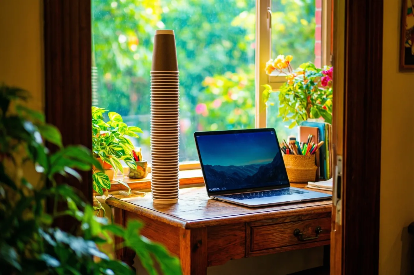 Een hoge stapel bruine papieren koffiebekers staat naast een zilverkleurige laptop op een houten bureau, met groene planten en een helder raam op de achtergrond.