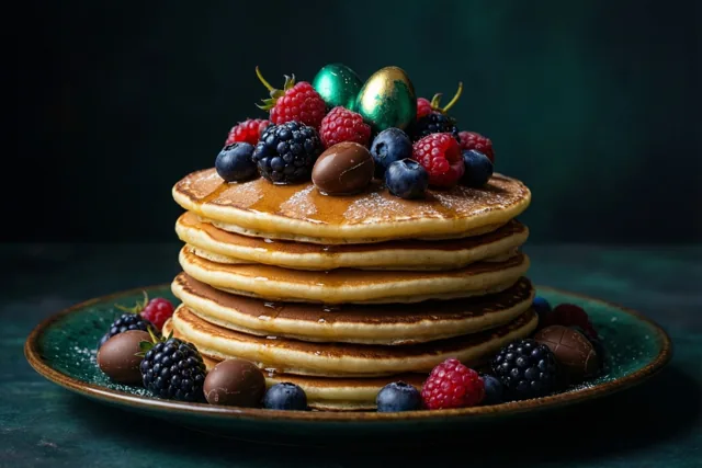 Een hoge stapel goudkleurige pannenkoeken met verse bessen en kleine chocoladepaaseitjes staat op een donkergroen bord tegen een donkere blauwgroene achtergrond.