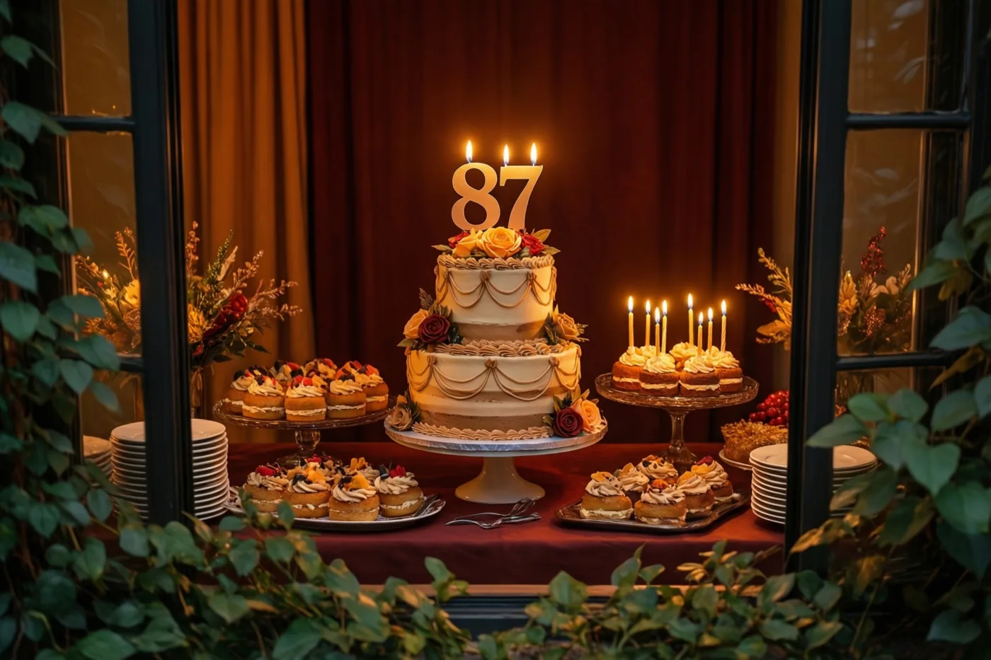 Een taart met meerdere verdiepingen, een papieren versiering met 87 en brandende kaarsjes staat op een feestelijke buffettafel, omlijst door rode gordijnen en groen in warm licht.
