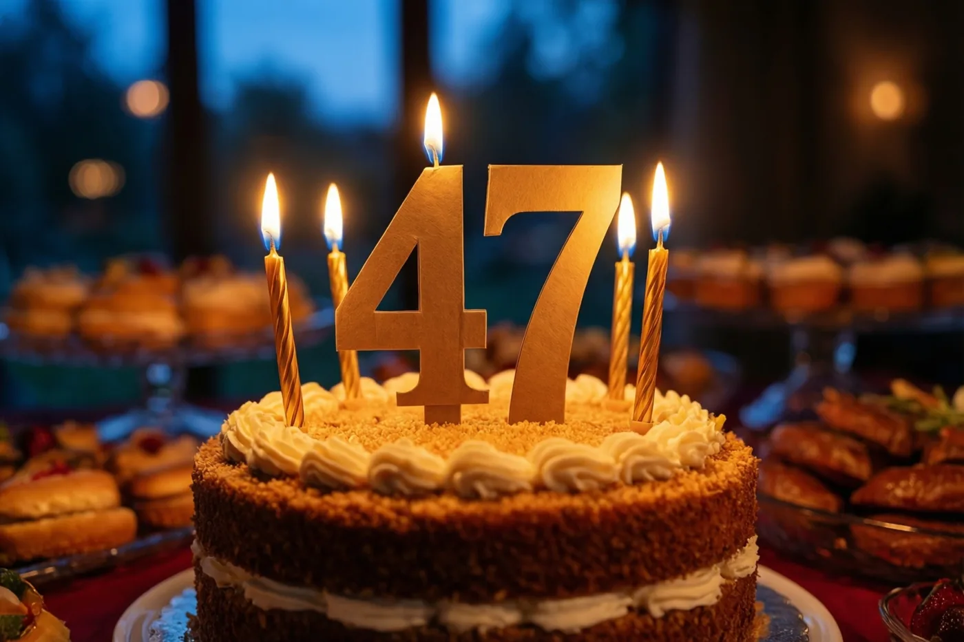 Een taart met meerdere verdiepingen, een papieren versiering met 47 en brandende kaarsjes staat op een buffet met andere desserts, in goudkleurig kaarslicht tegen een donkerblauwe avondachtergrond.