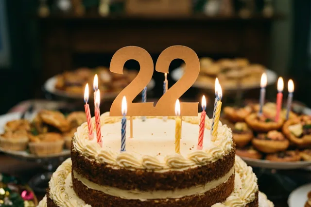 Een taart met meerdere verdiepingen, wit glazuur, een bruine kruimellaag, brandende kaarsjes en een papieren 22 staat op een feestbuffet met ander gebak.