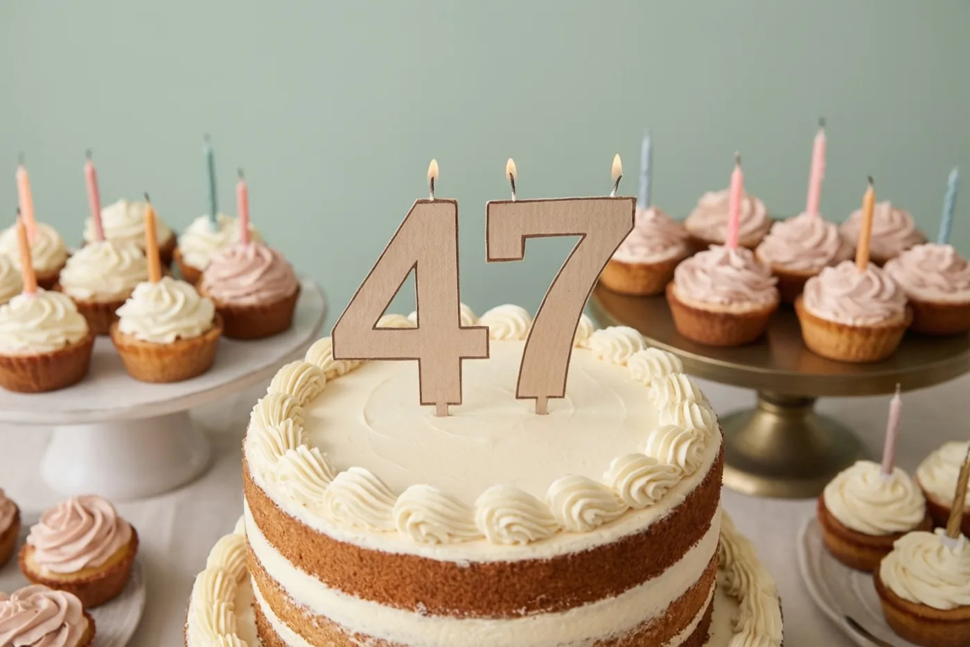 Een taart met meerdere verdiepingen, wit glazuur en een papieren versiering met 47 staat tussen cupcakes met kaarsjes op een feestbuffet tegen een zachtgroene achtergrond.