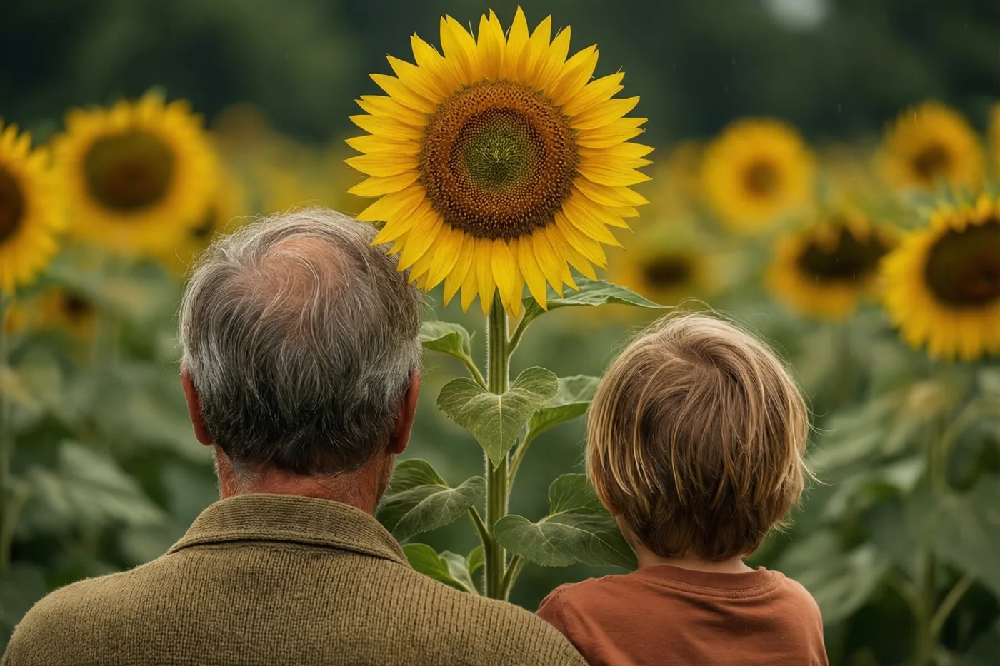 Een oudere man en een jong kind staan met hun rug naar de kijker naast een heel hoge zonnebloem in een veld met gele zonnebloemen en groen blad.