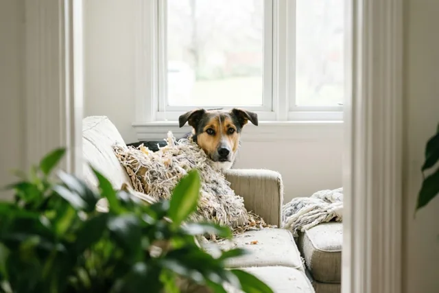 Een bruin-zwarte hond kijkt van achter een lichte zetel en een verscheurd, gerafeld kussen, bij een raam met zacht daglicht.