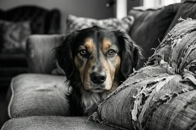 Op een zwart-witfoto gluurt een hond van achter een versleten zetel, met zijn kop vlak bij een kapotgebeten kussen.