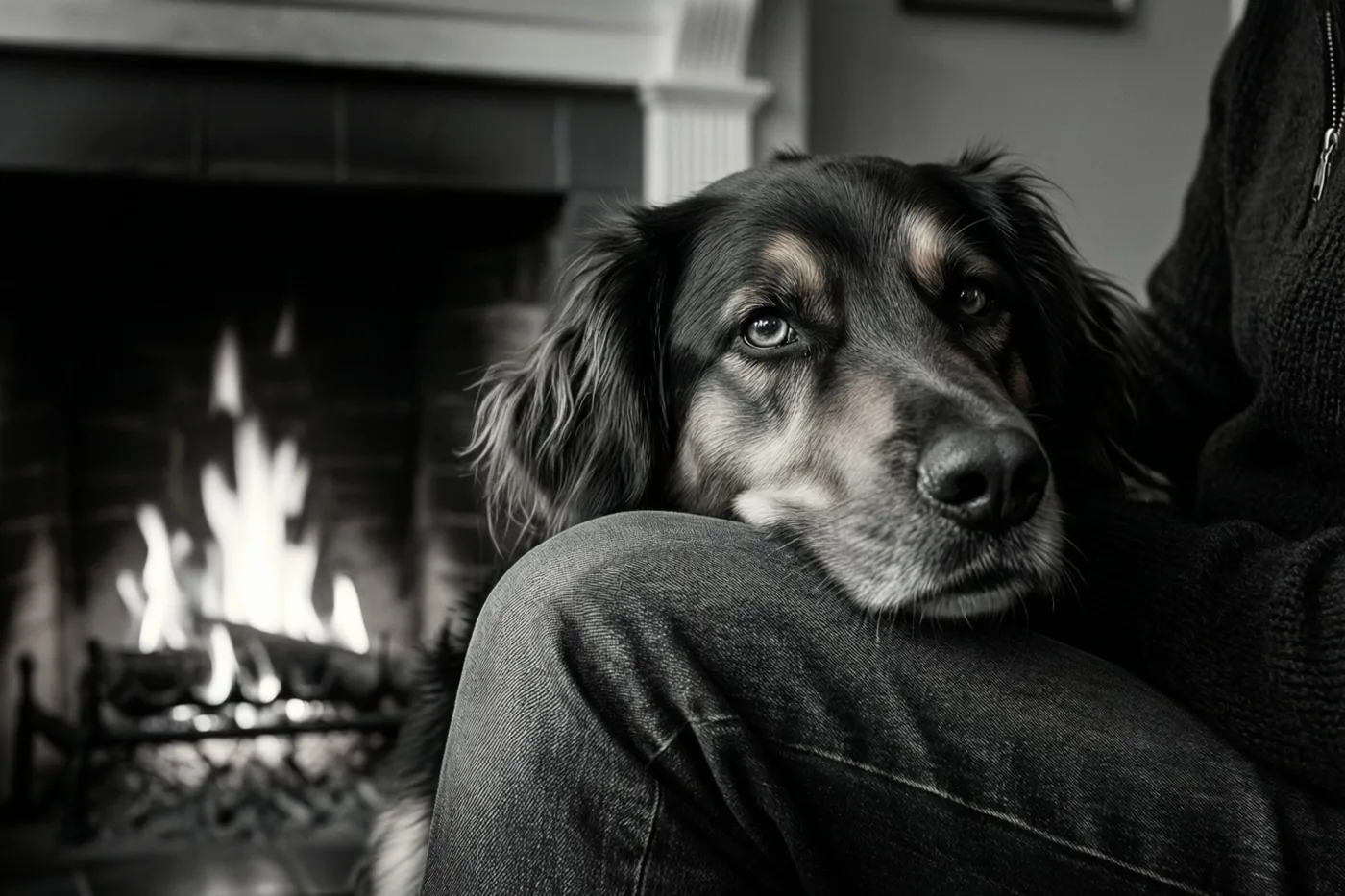 Een zwart-witfoto toont een hond met zijn kop op iemands knie en een haard met vlammen op de achtergrond.