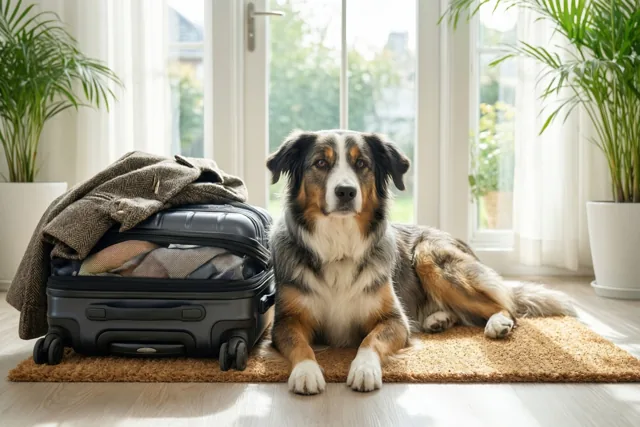 Een driekleurige hond ligt op een bruine deurmat naast een open zwarte koffer met kleren en een jas erover, in een lichte kamer met grote ramen en potplanten.