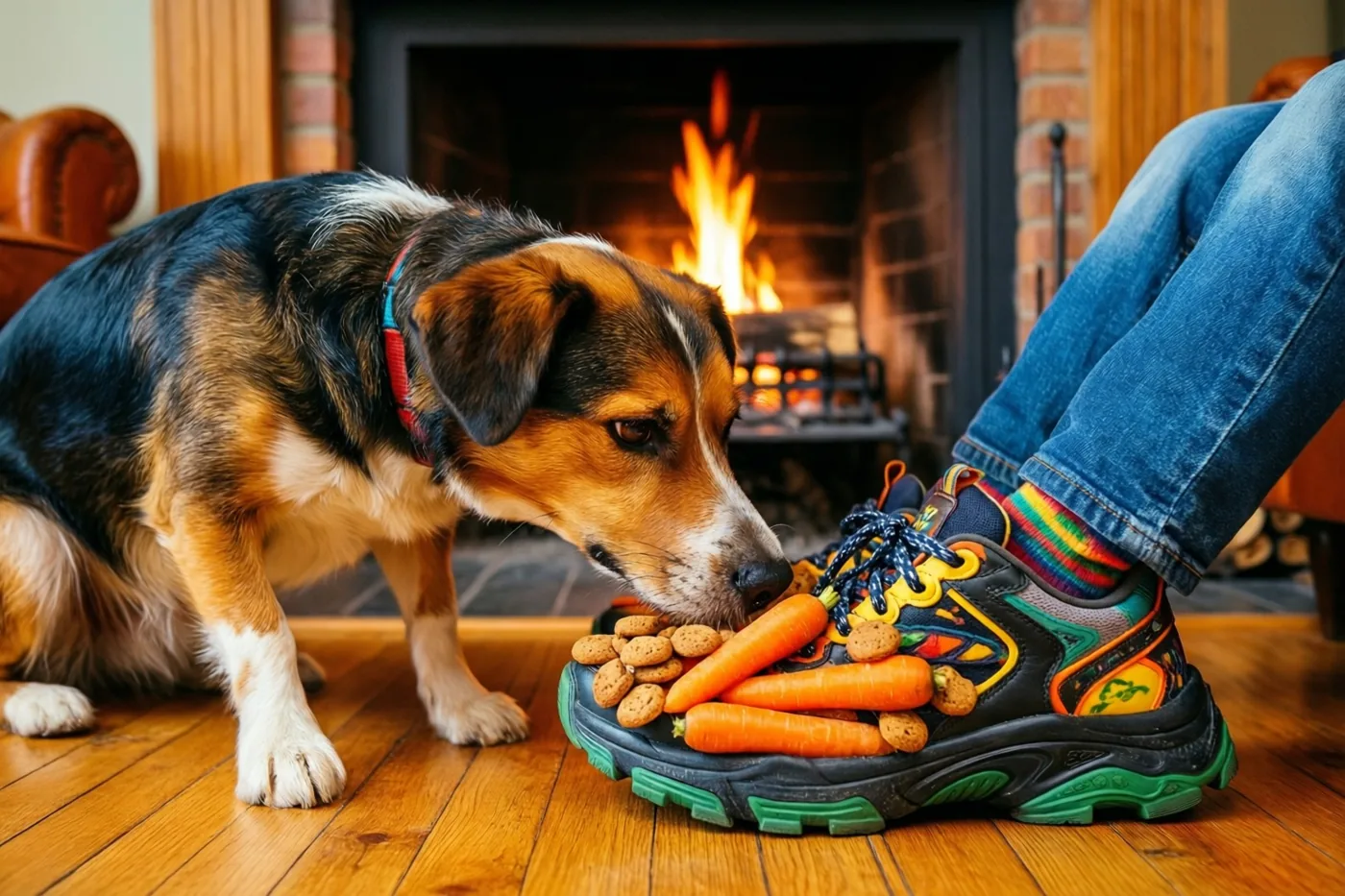 Een driekleurige hond besnuffelt een kleurrijke kindersportschoen gevuld met wortels en pepernoten op een houten vloer voor een brandende haard.