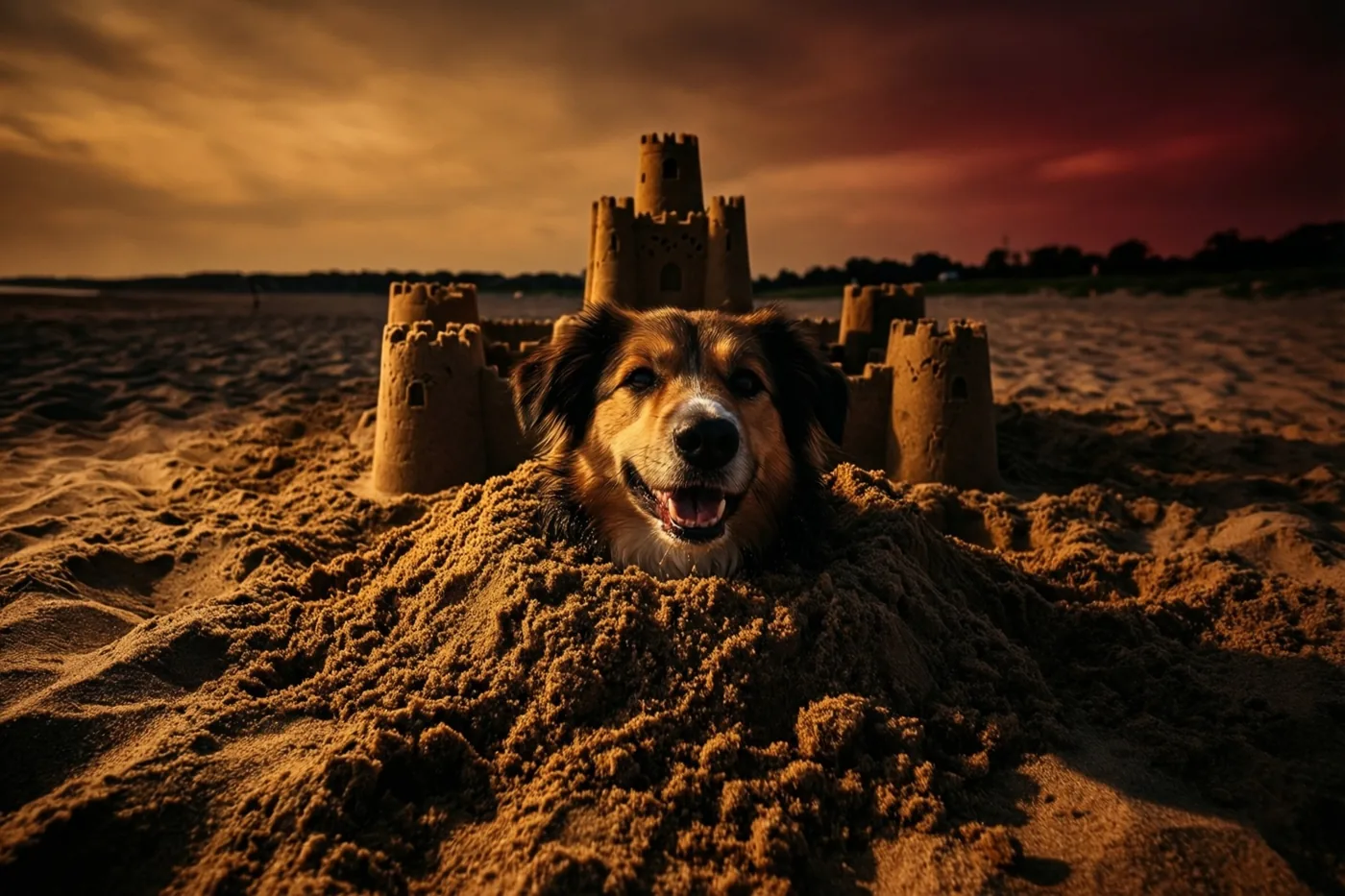 Een hond zit tot aan zijn nek in het strandzand naast een gedetailleerd zandkasteel, met een vrolijke kop onder een oranje en dieprode lucht bij zonsondergang.