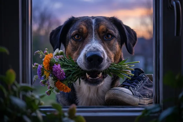 Een bruin-zwart-witte hond kijkt bij schemering door een raam met een kleurrijk boeket in zijn bek, naast een kapotgekauwde zwarte sportschoen en onder een paars-oranje hemel.
