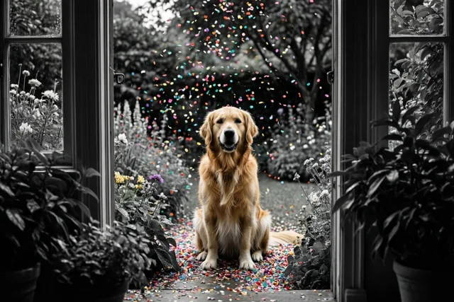 Een golden retriever zit in een deuropening bij een tuin, met hond en vallende confetti in warme kleuren tegen een zwart-witte achtergrond.