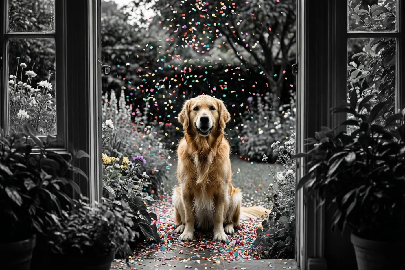 Een golden retriever zit in een deuropening bij een tuin, met hond en vallende confetti in warme kleuren tegen een zwart-witte achtergrond.