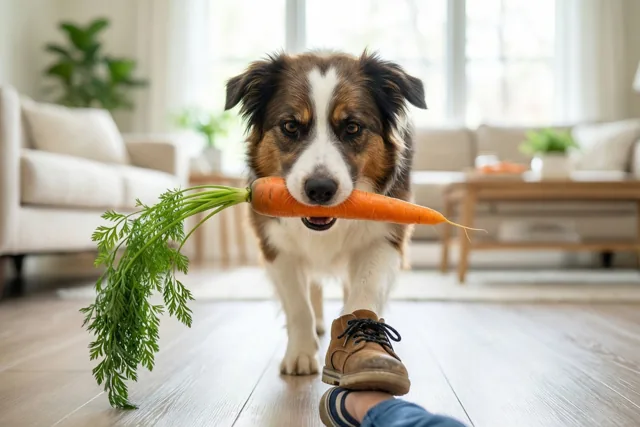 Een bruin-witte hond loopt met een wortel met loof in zijn bek naar de camera over een lichte houten vloer in een woonkamer met beige meubels.