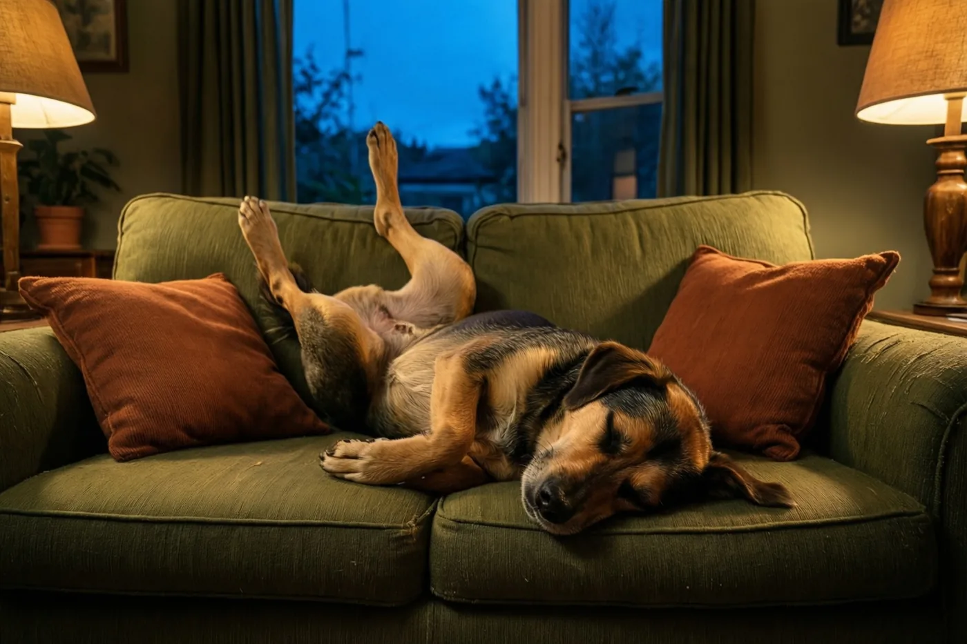 Een hond slaapt op zijn rug met zijn poten omhoog op een groene zetel tussen oranje kussens, bij warm lamplicht in een woonkamer in de schemering.