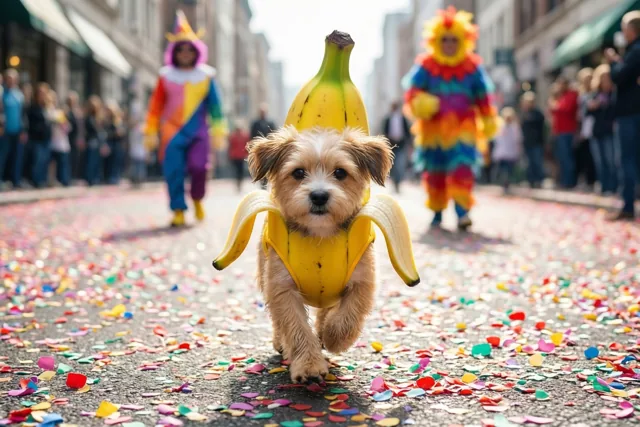 Een kleine hond in een bananenkostuum draaft bij helder daglicht over een straat vol confetti, met onscherpe verklede mensen en gebouwen op de achtergrond.