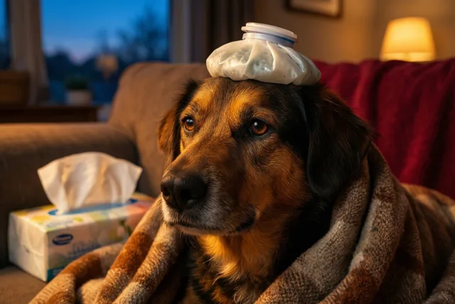 Een hond zit in een bruin deken op een zetel met een koelzak op de kop en een doos zakdoekjes vlakbij, in een warm verlichte woonkamer bij valavond.