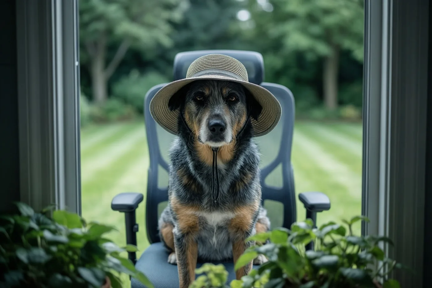 Door ruiten is een hond met een breedgerande zonnehoed te zien, rechtop in een moderne bureaustoel op een gemaaid gazon, met groen op de voorgrond.