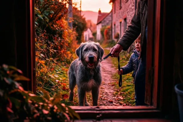 Een hond met een grijze snuit staat in een lommerrijk dorpsstraatje aan een leiband die een volwassen hand en een kinderhand vasthouden, in het gouden licht van de ondergaande zon.