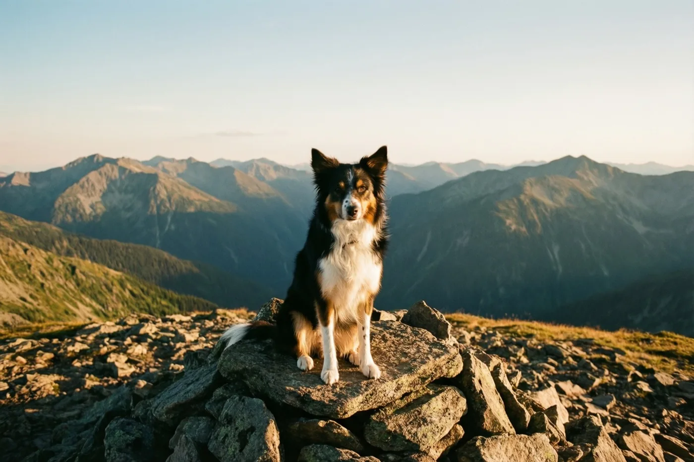 Een zwart-wit-bruine hond zit op een stapel rotsen op een bergtop en kijkt uit over golvende bergen onder een heldere hemel in warm goudkleurig licht.