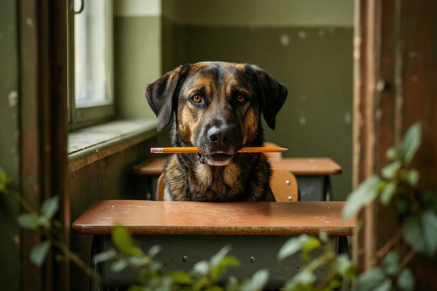 Een bruin-zwarte hond zit met een geel potlood in zijn bek aan een houten schoolbank in een oud klaslokaal met groene muren en een raam.