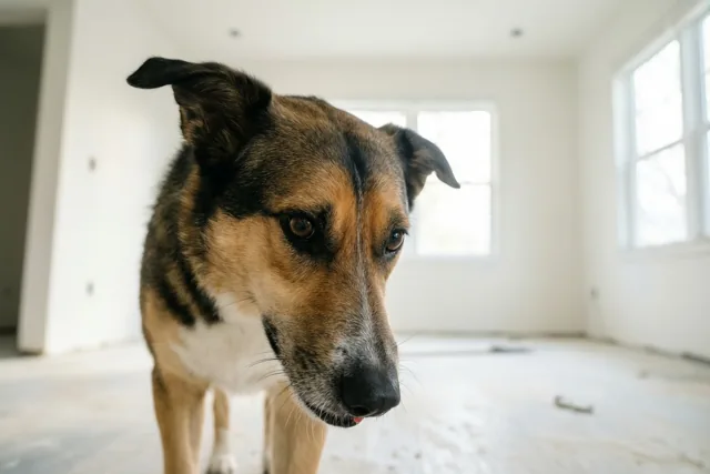 Een bruin-zwarte hond met een witte borst staat in een lege, helderwitte woonkamer en kijkt naar de camera, met daglicht door de ramen.