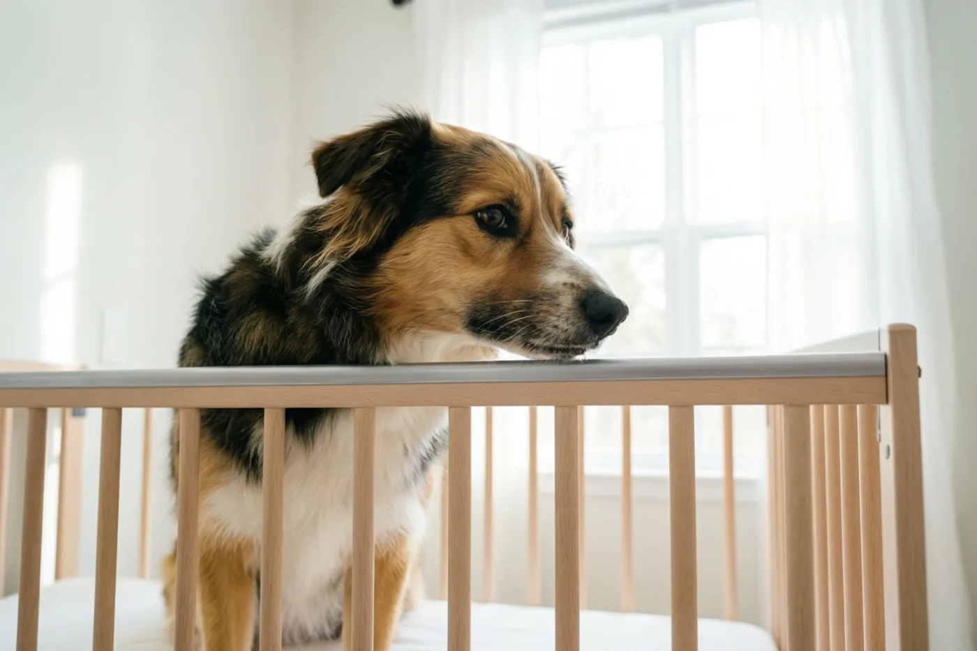 Een pluizige bruin-zwarte hond zit in een babybedje van licht hout en kijkt naar een helder raam in een babykamer met witte muren en doorschijnende gordijnen.