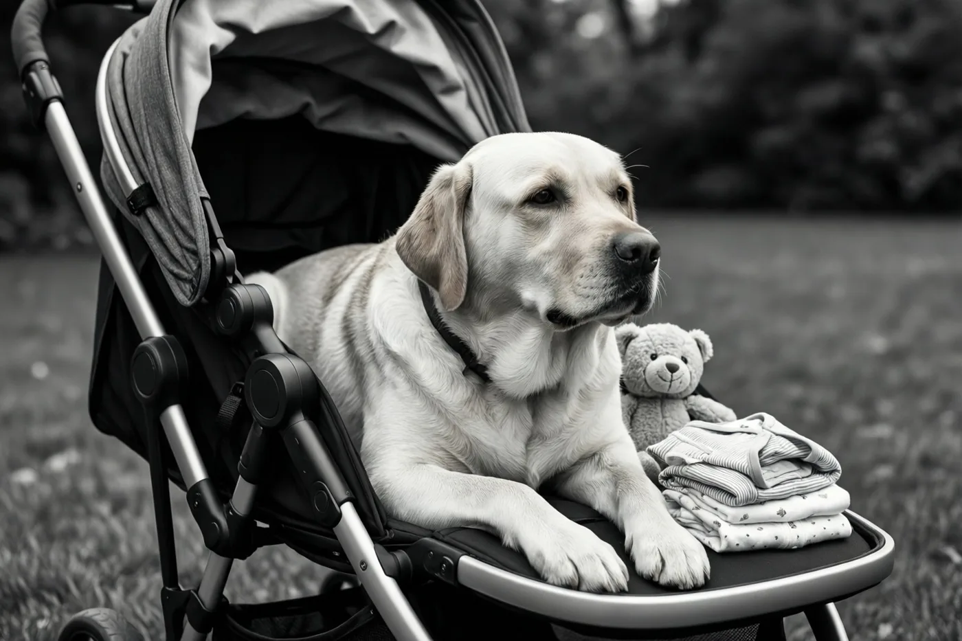 Een zwart-witfoto toont een lichtgekleurde labrador die rustig in een moderne kinderwagen ligt met een kleine teddybeer en opgevouwen babykleertjes naast zich.