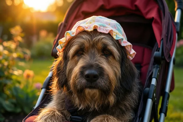 Een grote ruige hond met een kleurrijk mutsje met ruches ligt in een rode kinderwagen in een tuin met goudkleurig zonlicht en wazige bloemen.