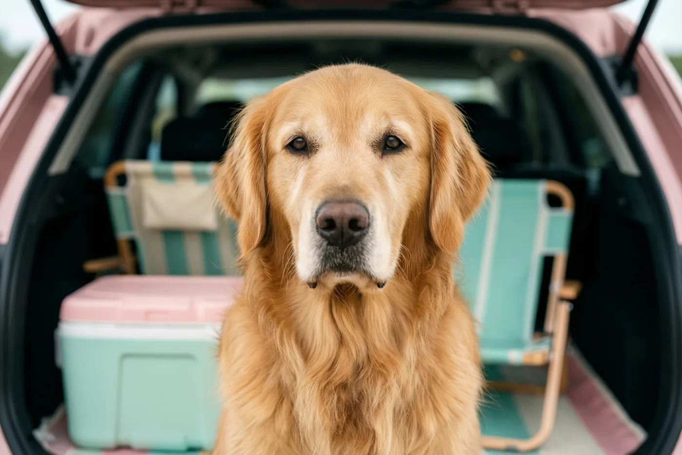 Een golden retriever zit in de open kofferbak van een roze auto, omringd door strandstoelen en een koelbox.