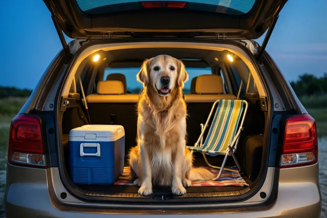 Een golden retriever zit bij schemering in de open kofferbak van een zilverkleurige auto naast een blauwe koelbox en een gestreepte strandstoel, verlicht door warme binnenlampjes.