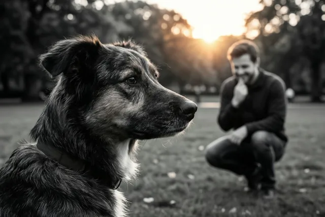 Op een zwart-witfoto kijkt een hond in profiel naar een gehurkte persoon in een park, met de ondergaande zon als tegenlicht.