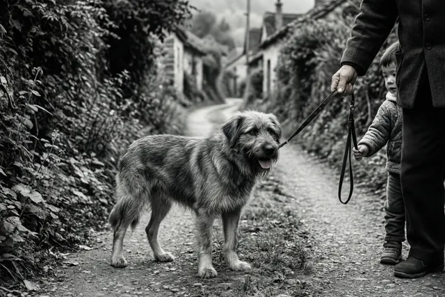 Een hond met een grijze snuit staat aan een leiband die een oude hand en een kleine kinderhand vasthouden in een lommerrijk dorpsstraatje, op een zwart-witfoto.
