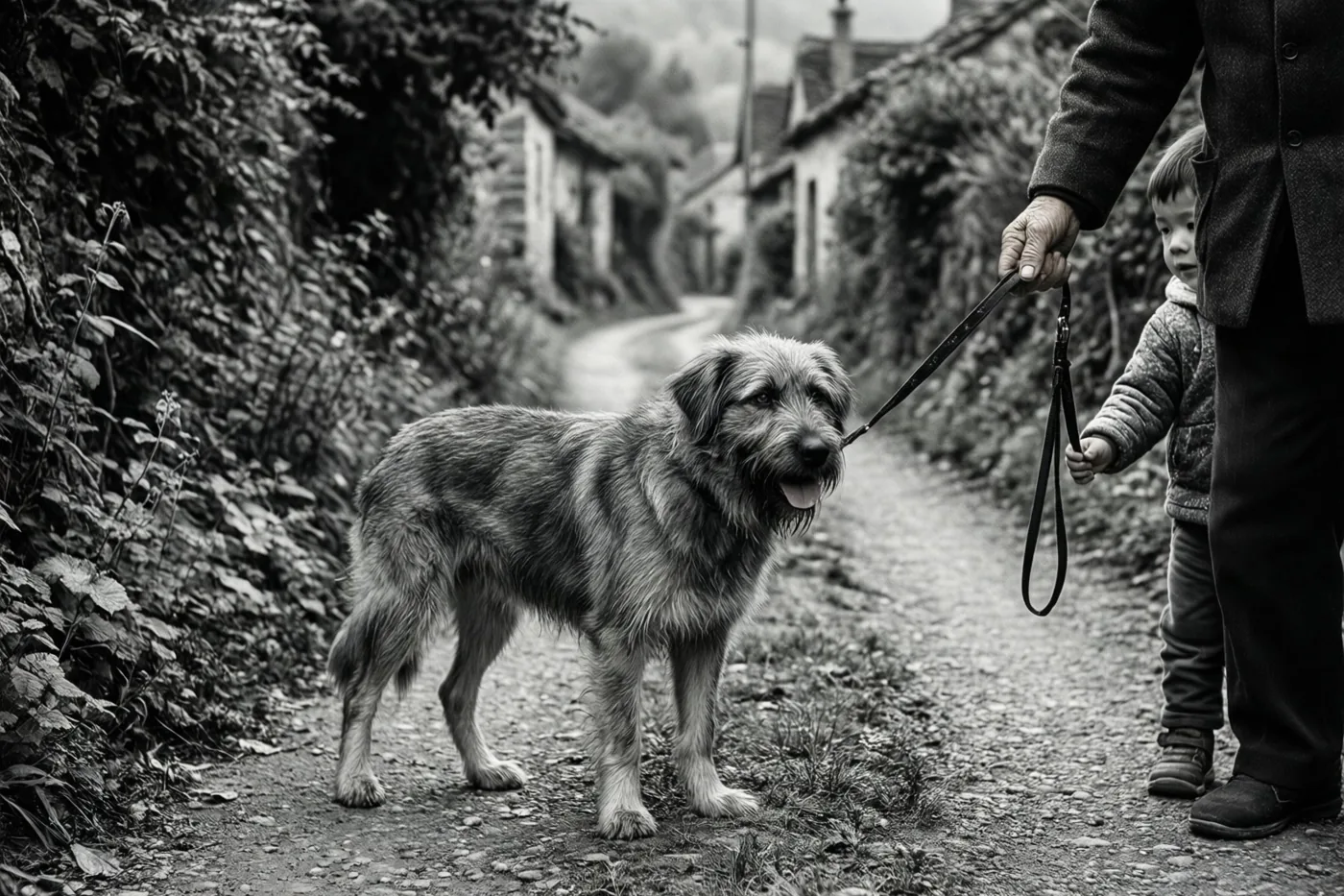 Een hond met een grijze snuit staat aan een leiband die een oude hand en een kleine kinderhand vasthouden in een lommerrijk dorpsstraatje, op een zwart-witfoto.