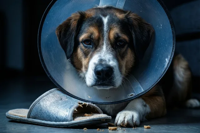 Een bruin-zwart-witte hond met een doorzichtige beschermkap zit op een donkere vloer naast een kapotgekauwde zilverkleurige pantoffel.