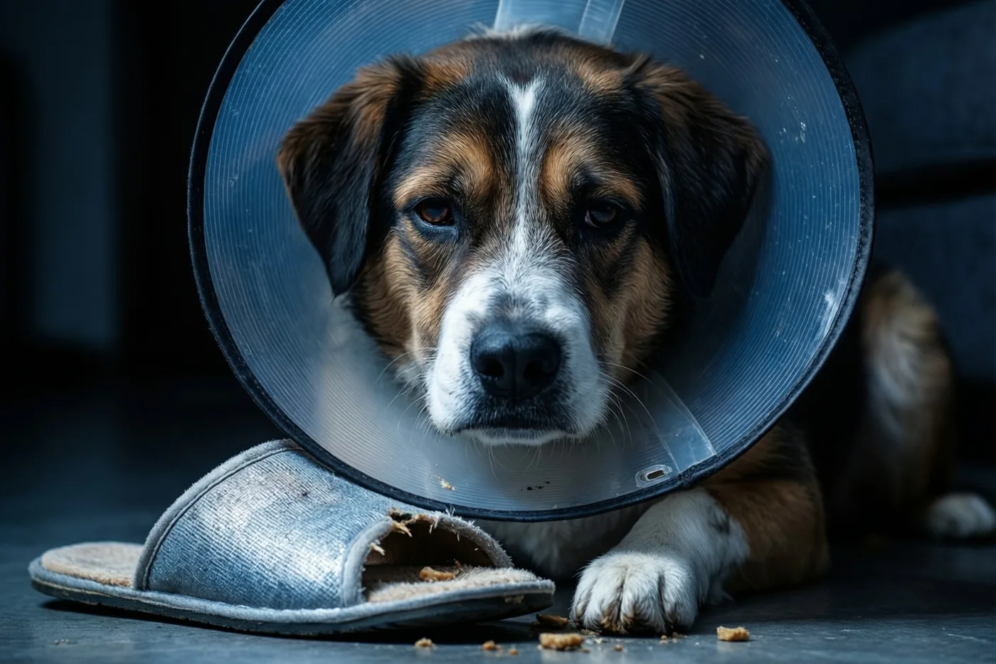 Een bruin-zwart-witte hond met een doorzichtige beschermkap zit op een donkere vloer naast een kapotgekauwde zilverkleurige pantoffel.