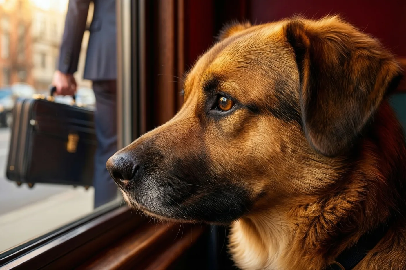 Een bruine hond met een zwarte snuit kijkt in zijaanzicht door een raam in een warm verlichte kamer.