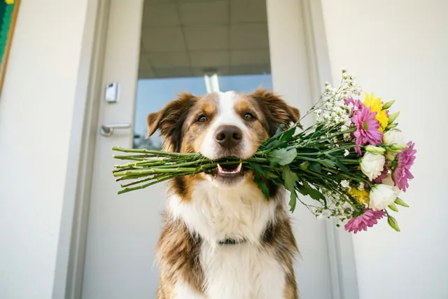De hond brengt je bloemen